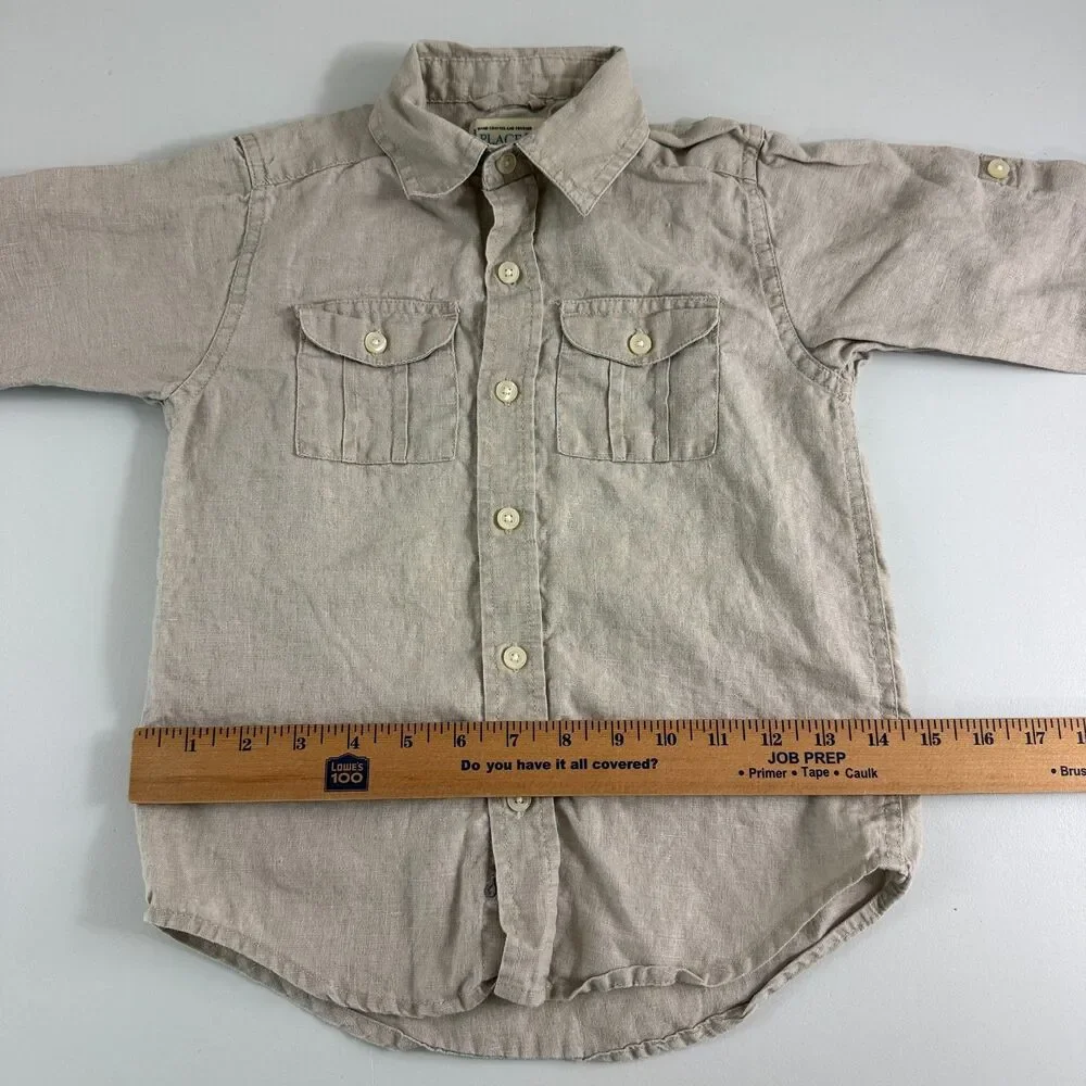 The Children's Place Boys 100% Linen Button Front Shirt Beige Tan L/S Size 4 XS